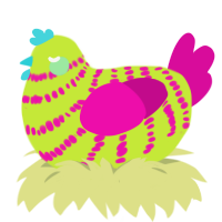 A lime and fuchsia chicken with a bar pattern