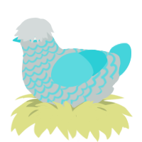 Poe, a silver and aqua chicken with a lace pattern