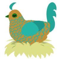 Joe Odie, a gold and turquoise chicken with a lace pattern