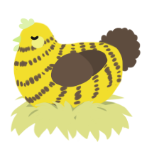 A yellow and bark chicken with a bar pattern