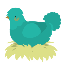 A turquoise chicken with a head pattern