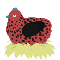 A red and black chicken with a speckle pattern