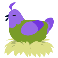 A chartreuse and blurple chicken with a head pattern