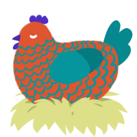 A vermilion and teal chicken with a lace pattern