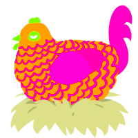 A ochre and fuchsia chicken with a lace pattern