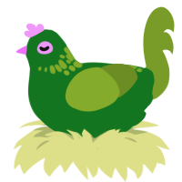 Melon, a leaf and chartreuse chicken with a neck-speckle pattern