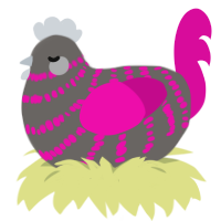 A grey and fuchsia chicken with a bar pattern
