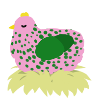 A pink and leaf chicken with a speckle pattern