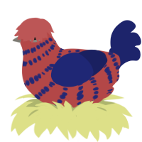 A red and navy chicken with a bar pattern