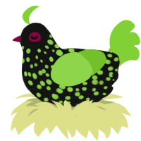 Gretchen, a black and grass chicken with a speckle pattern