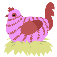 A lavender and red chicken with a bar pattern