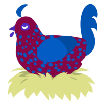 A maroon and ultramarine chicken with a speckle pattern