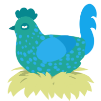 A turquoise and sky chicken with a speckle pattern