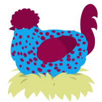 A sky and maroon chicken with a speckle pattern