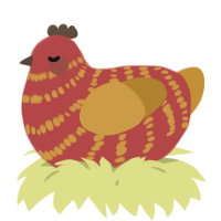 A red and gold chicken with a bar pattern