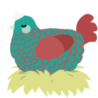 A turquoise and red chicken with a lace pattern