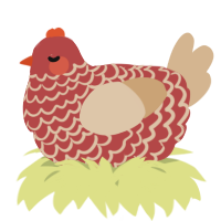 A red and beige chicken with a lace pattern
