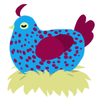 A sky and maroon chicken with a speckle pattern