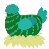 A leaf and turquoise chicken with a bar pattern