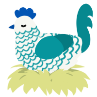 A white and teal chicken with a lace pattern