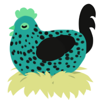 A turquoise and black chicken with a speckle pattern