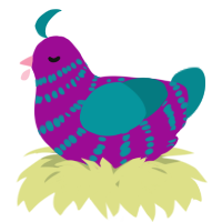 A plum and teal chicken with a bar pattern
