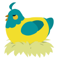 A yellow and teal chicken with a head pattern