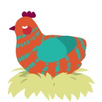 A vermilion and turquoise chicken with a bar pattern