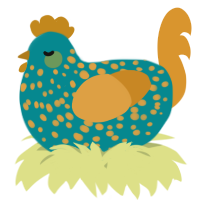 A teal and orange chicken with a speckle pattern