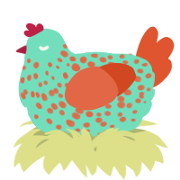 A mint and vermilion chicken with a speckle pattern