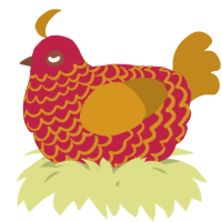 A crimson and ochre chicken with a lace pattern