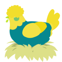 A teal and yellow chicken with a head pattern
