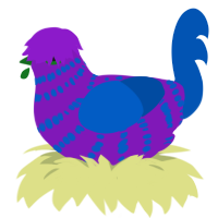 Baking Soda, a violet and ultramarine chicken with a bar pattern
