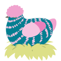 A sea and pink chicken with a bar pattern