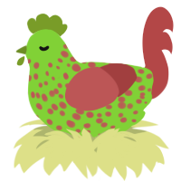 A grass and red chicken with a speckle pattern