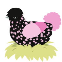A black and pink chicken with a speckle pattern