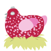 Mimi, a crimson and pink chicken with a speckle pattern