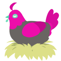 A grey and fuchsia chicken with a head pattern