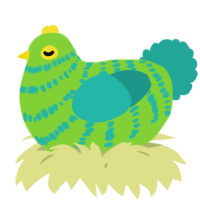 A grass and turquoise chicken with a bar pattern