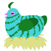 A aqua and leaf chicken with a bar pattern