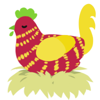 A crimson and yellow chicken with a bar pattern