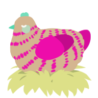 A beige and fuchsia chicken with a bar pattern