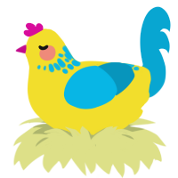CMYK, a yellow and cerulean chicken with a neck-speckle pattern
