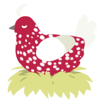 A crimson and white chicken with a speckle pattern