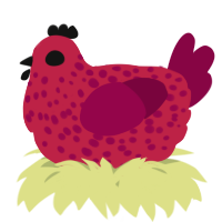 A crimson and maroon chicken with a speckle pattern