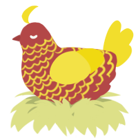 A red and yellow chicken with a lace pattern