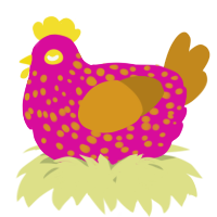 A fuchsia and ochre chicken with a speckle pattern