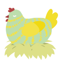 A gluppy and yellow chicken with a bar pattern