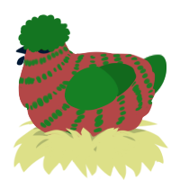A red and leaf chicken with a bar pattern