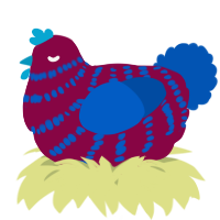 A maroon and ultramarine chicken with a bar pattern